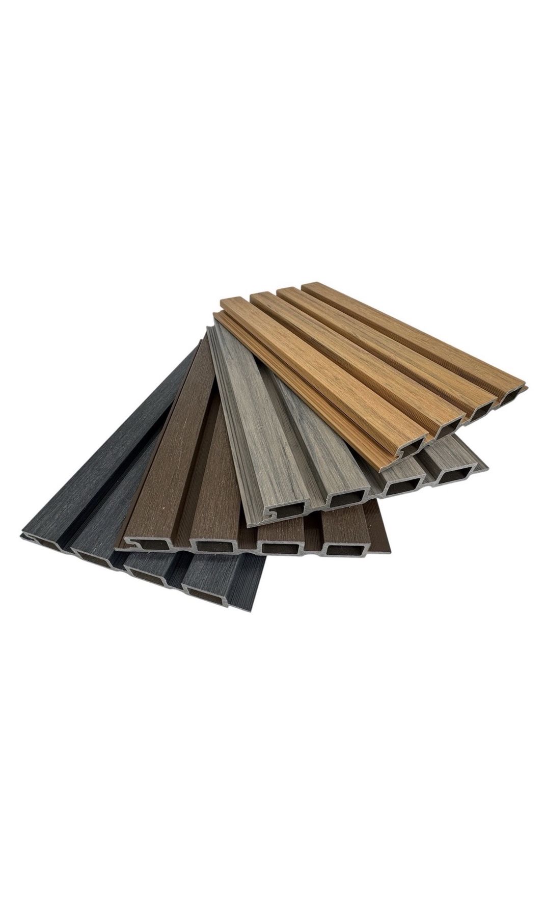 Slatted WPC cladding, hollow interlocking profile, sample fan on white