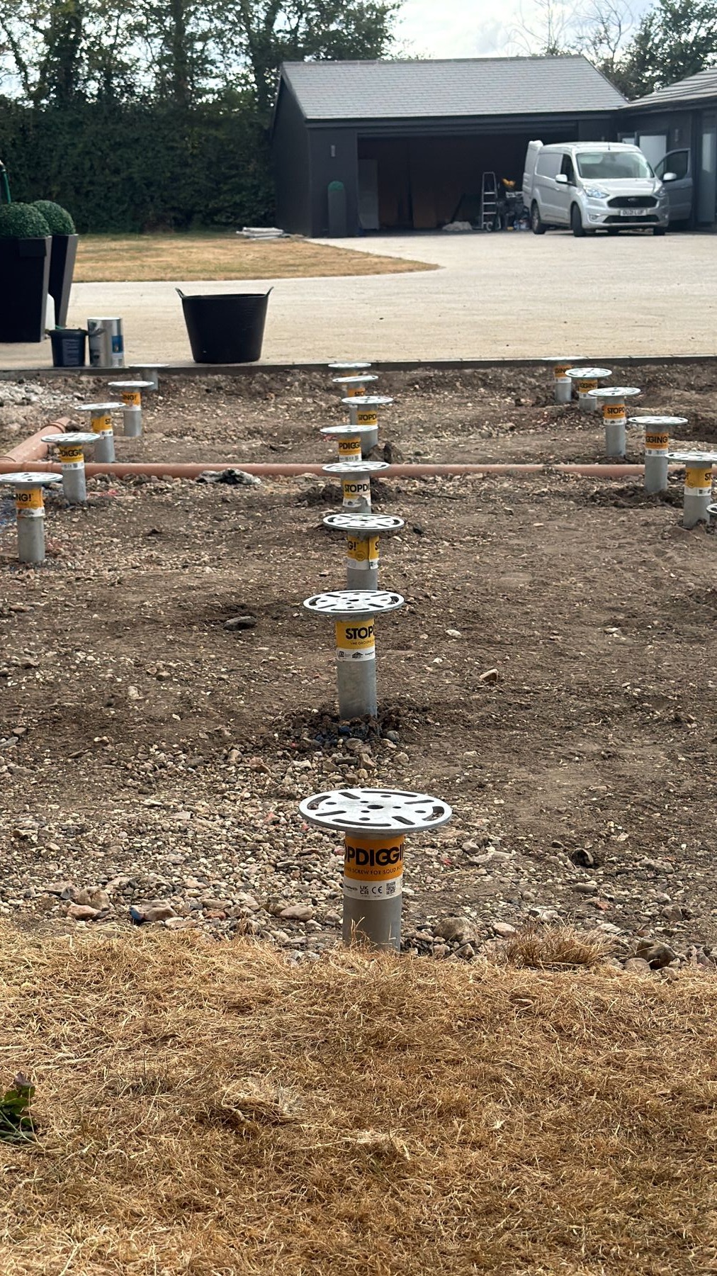 Ground screw foundation grid on site