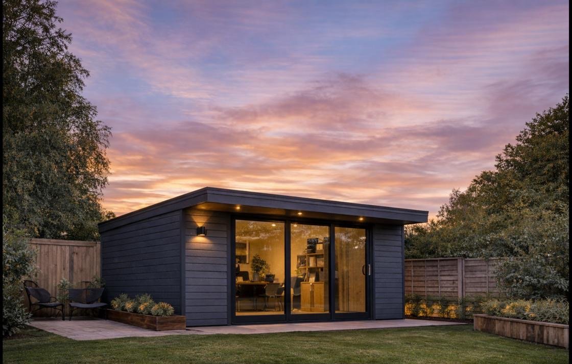 Charcoal garden office at sunset with glazed doors and roof terrace