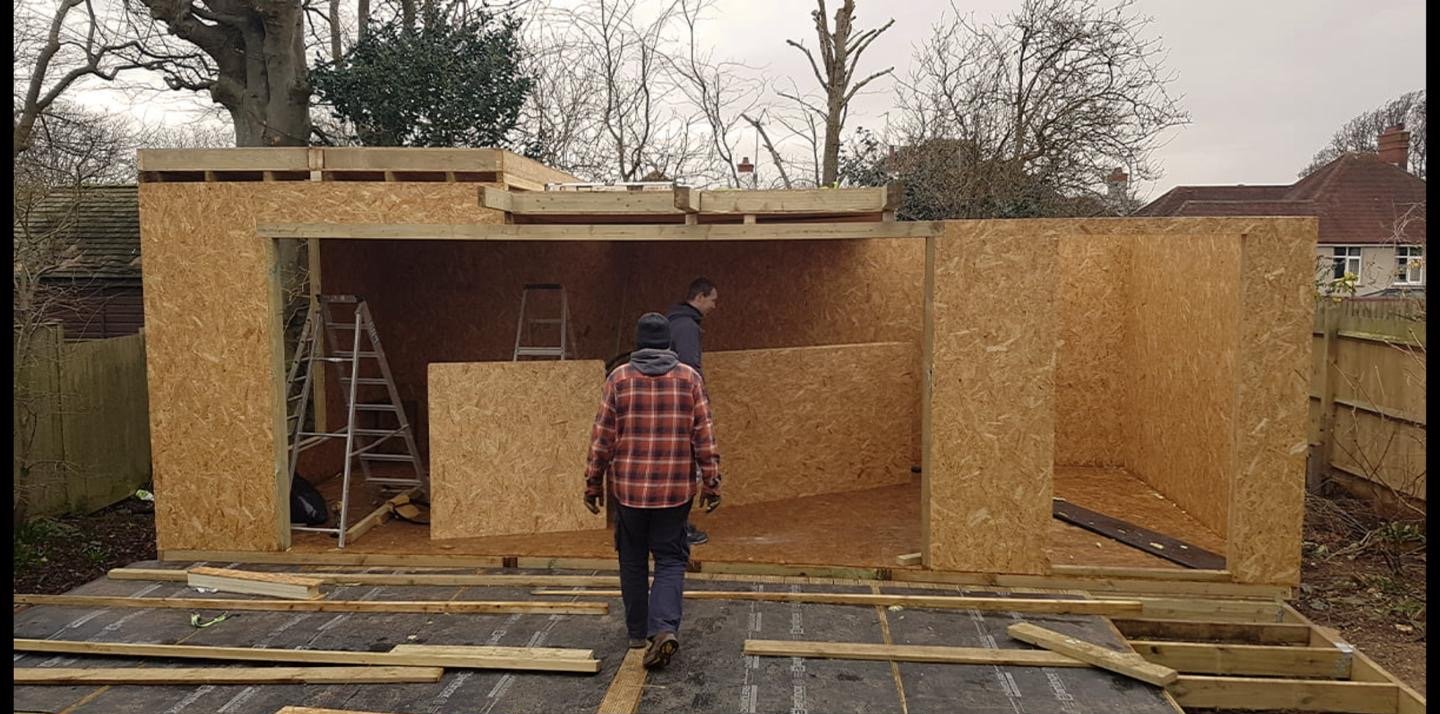 SIP kit under construction, OSB-faced panels